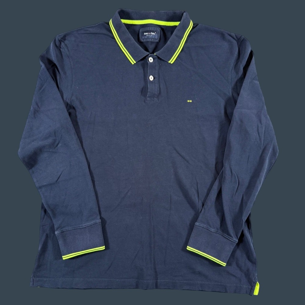 Eden Park Paris Long Sleeve Polo XL Navy Blue Neon Tipped Cotton Pique Shirt